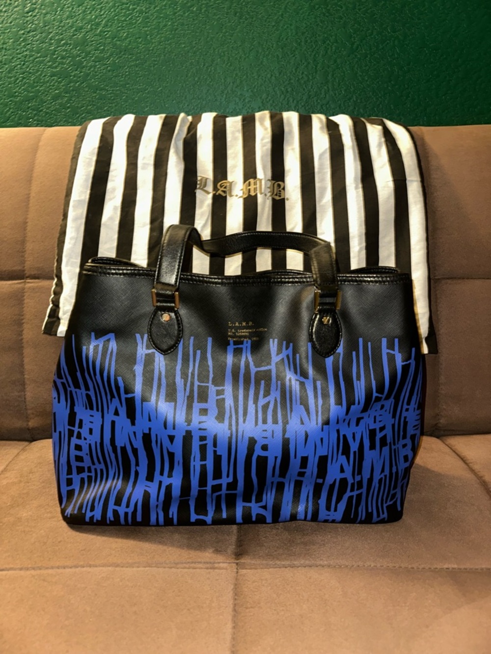 L.A.M.B. Black Tote with Cobalt Blue Graphic - pristine condition